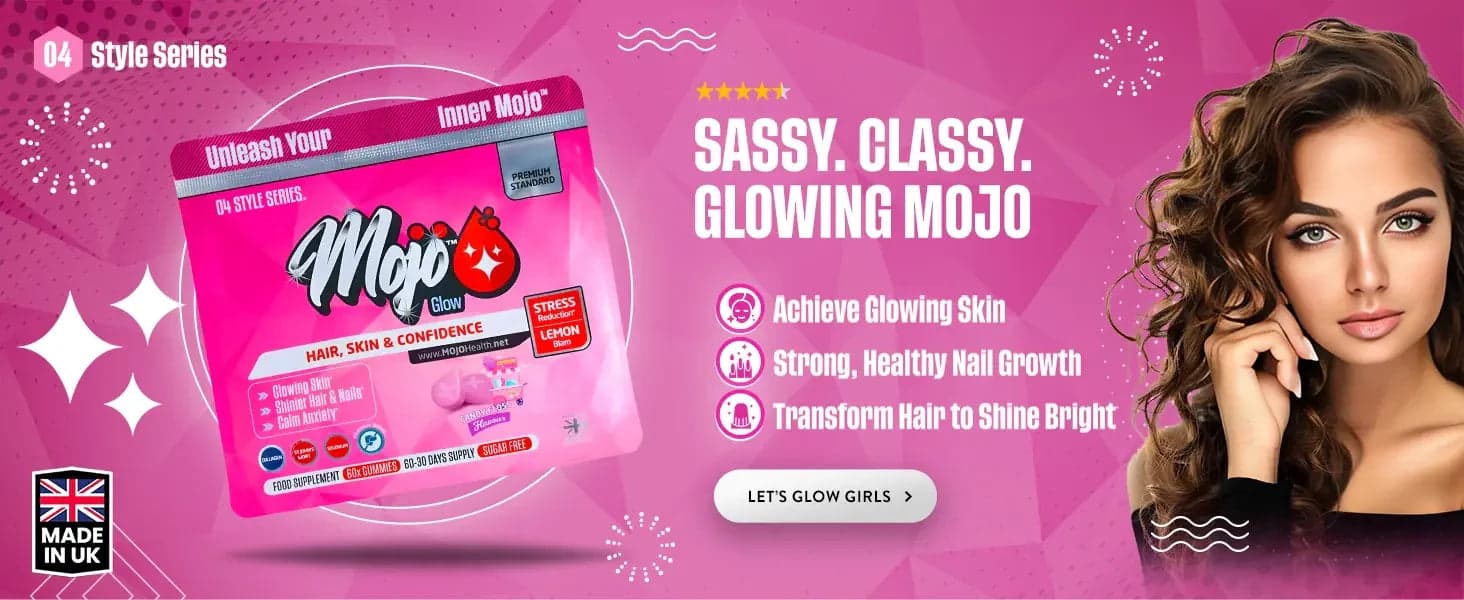 Mojo Glow 头发、肌肤与自信 — 时尚闪耀的 Mojo:肌肤焕彩发光,指甲强韧生长,秀发闪闪发亮。让我们闪耀起来,女孩们。
